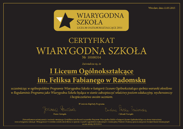 Certyfikat - wiarygodna szkoła