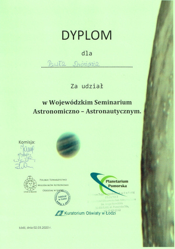 Dyplom dla Pawła Dróżdża za udział w Wojewódzkim Seminarium Astronimiczno - Astronautycznym