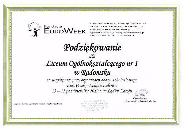 Podziękowanie za współpracę przy organizacji obozu szkoleniowego EuroWeek - Szkoła Liderów
