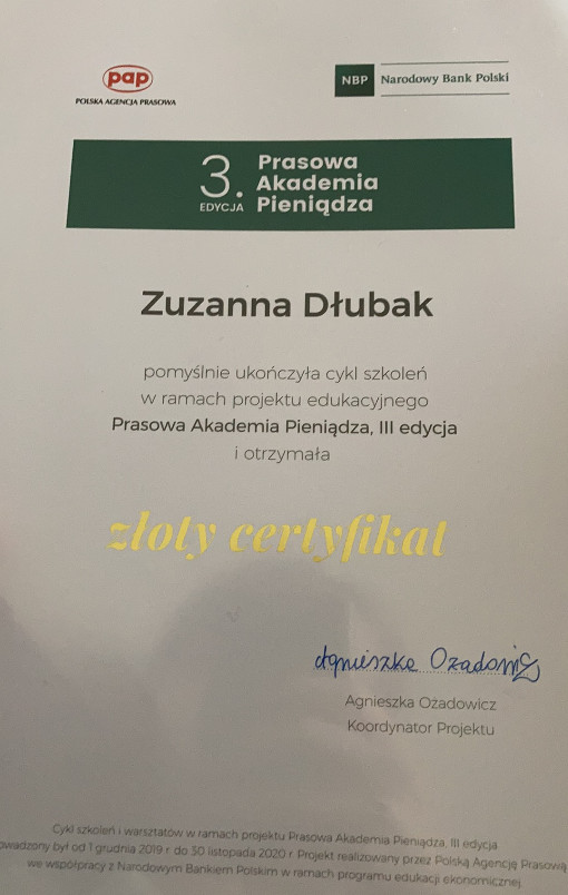 Złoty Certyfikat dla Zuanny Dłubak 