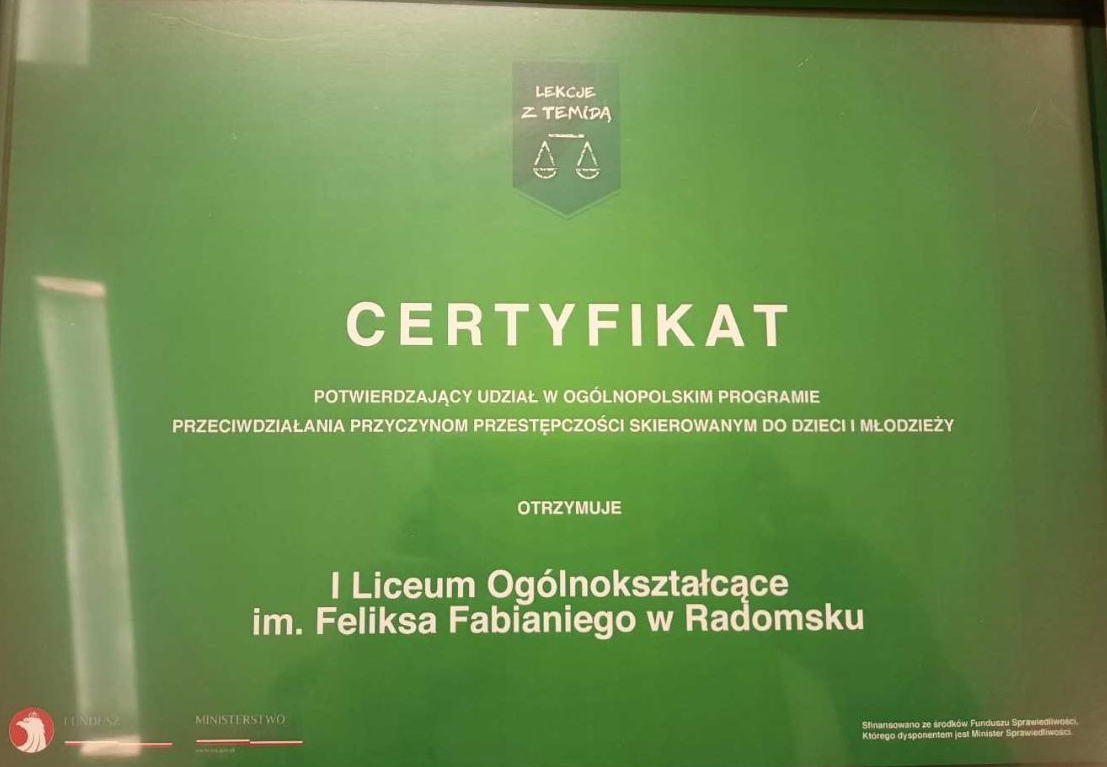 Certyfikat potwierdzający udział w programie przeciwdziałania przyczynom przestępczości.