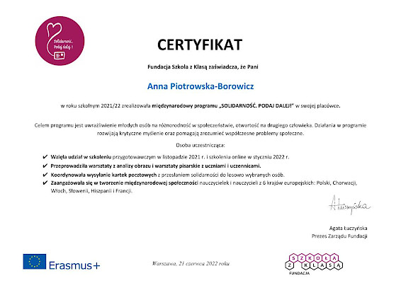 Certyfikat dla Anny Piotrowskiej-Borowicz 
