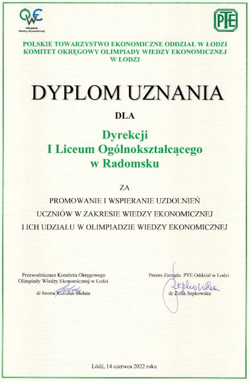 Dyplom uznania dla Dyrekcji ILO za promowanie i wpieranie uzdolnień uczniów z wiedzy ekonomicznej