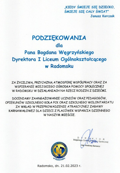 Podziękowanie dla Pana Bogdana Węgrzyńskiego za wpieranie MOPS