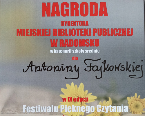 DYPLOM/NAGRODA - uczennica klasy I C Antonina Fajkowska 