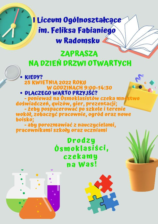 PLAKAT - ZAPROSZENIE NA DNI OTWARTE 25 kwietnia 2022 godz. 9.00 do 14.30 