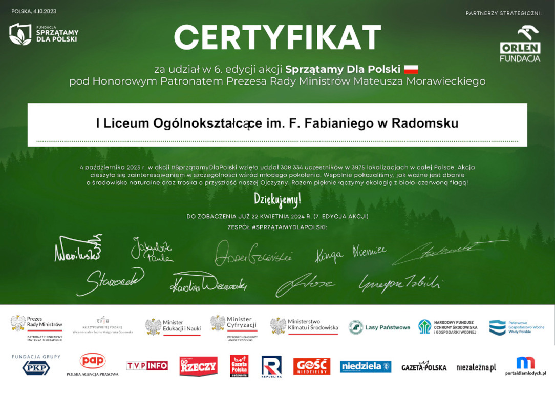 Certyfikat za udział w 6 edycji Sprzątamy Dla Polski