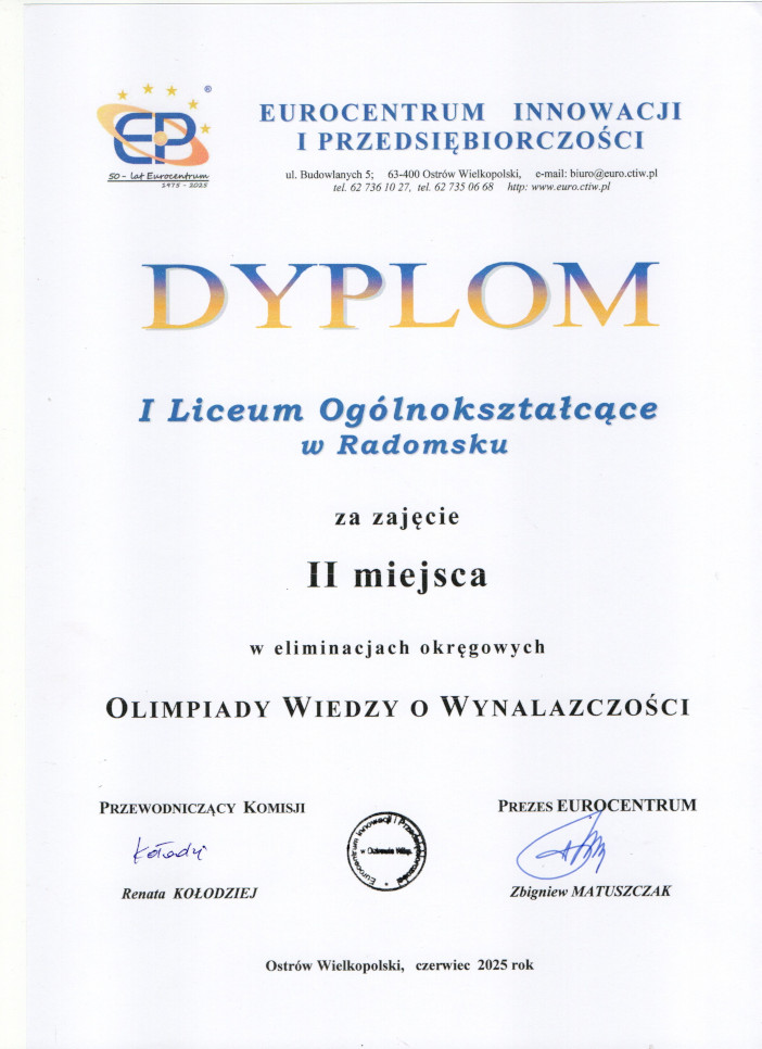 Dyplom za zajęcie II miejsca - olimpiada wiedzy o wynalazczości 