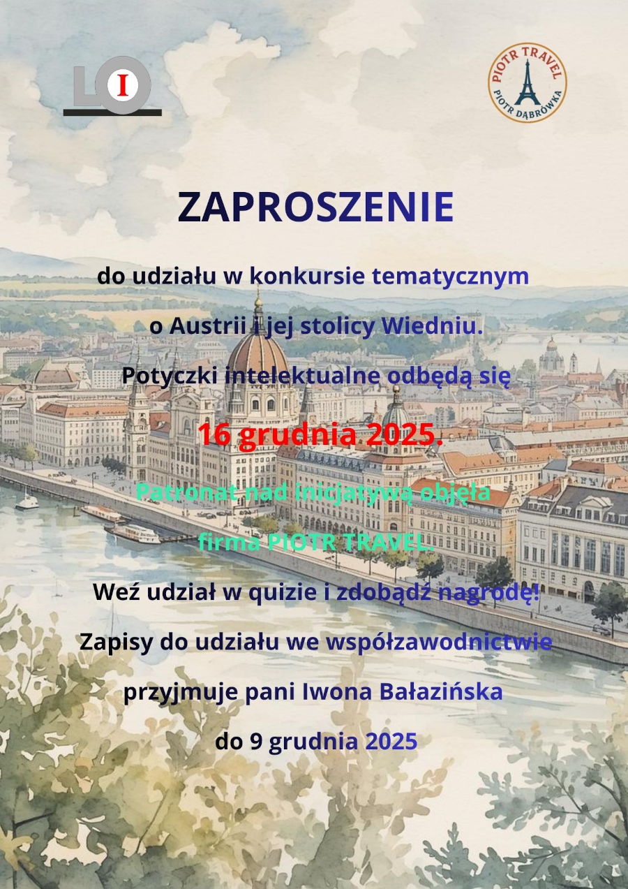  Plakat - zaproszenie do udziału w konkursie o  Austrii i stolicy Wiedniu